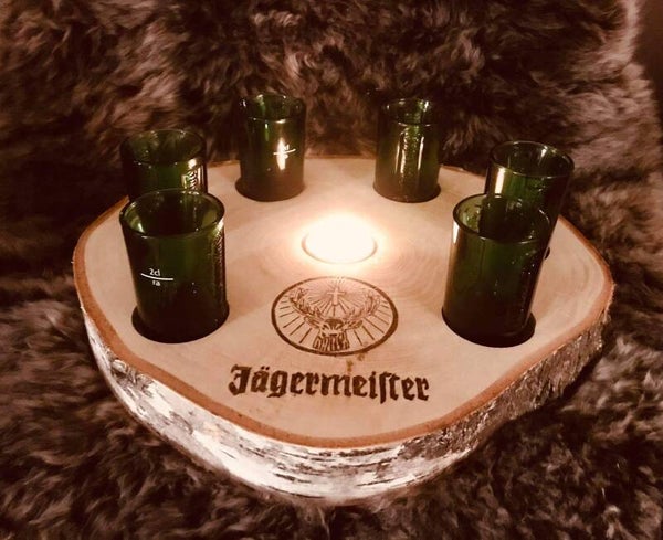 Berkenschijf Jägermeister met 6 glaasjes + theelichtje