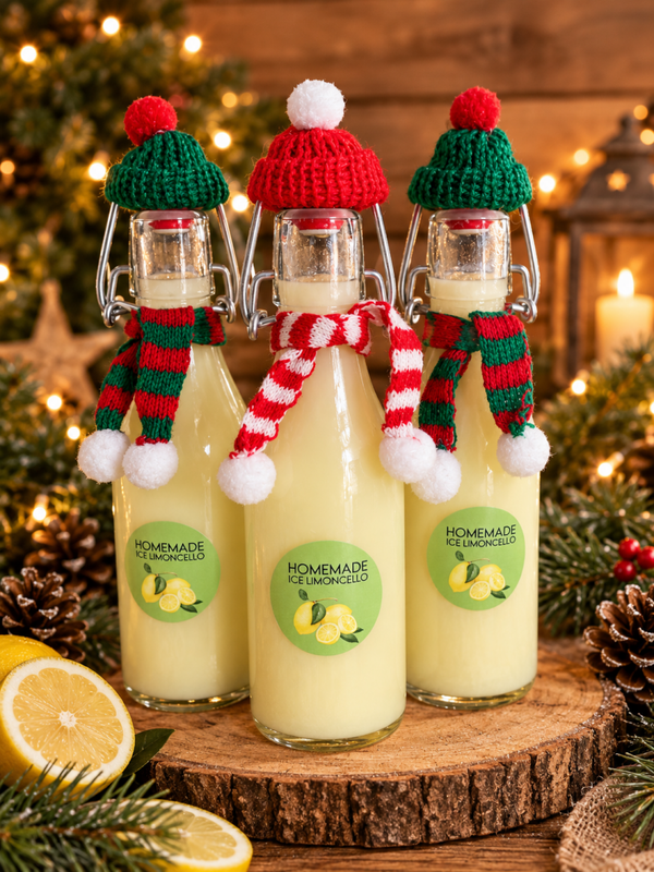 Homemade Icelimoncello beugelflesje met muts een sjaal 0,2 liter