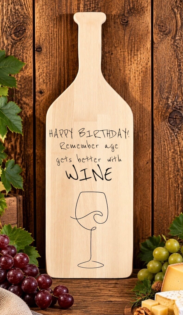 Fles-tapasplank : Happy birthday remember age gets better with wine
