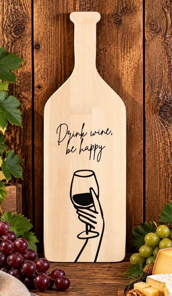Fles-tapasplank : Drink wine be happy