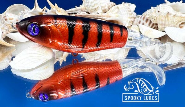 Plopper 110 - Candy orange with black perch stipes and purple eyes