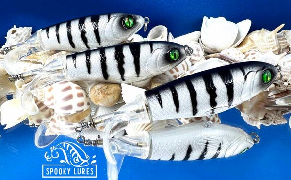 Plopper 110 - Metallic white with black perch stripes and green dragon eyes