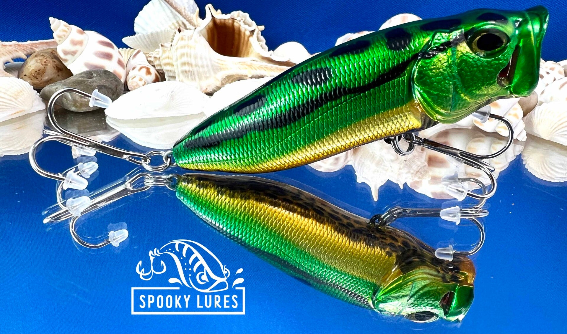 Vented Popper - Various greens fading to orange belly with black spots. Black frog pattern.