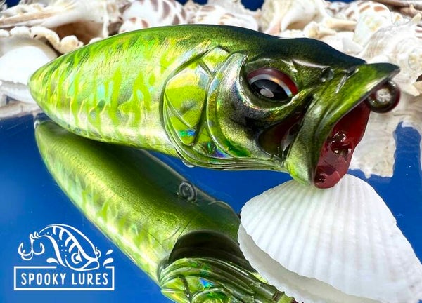 Vented Popper - Holographic candy green body with lime green bass pattern.
