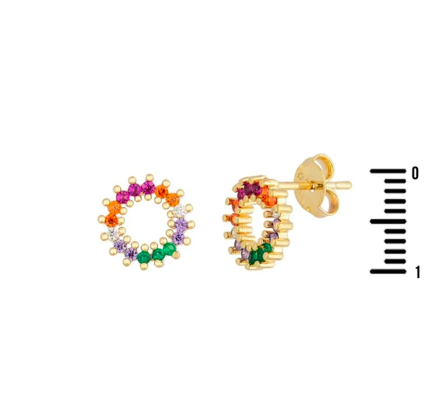 Boucles d'oreilles rondes avec zircones multicolores, plaquées or 18 carats