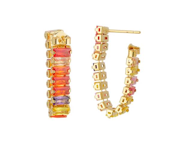 Boucle d'oreille chaîne en zircone baguette colorée, plaquée or 18 carats