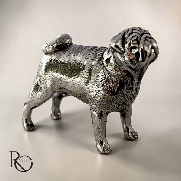 Massief Zilveren Mopshond (Pug) Miniatuur Handgegoten 925 Sterling Zilver