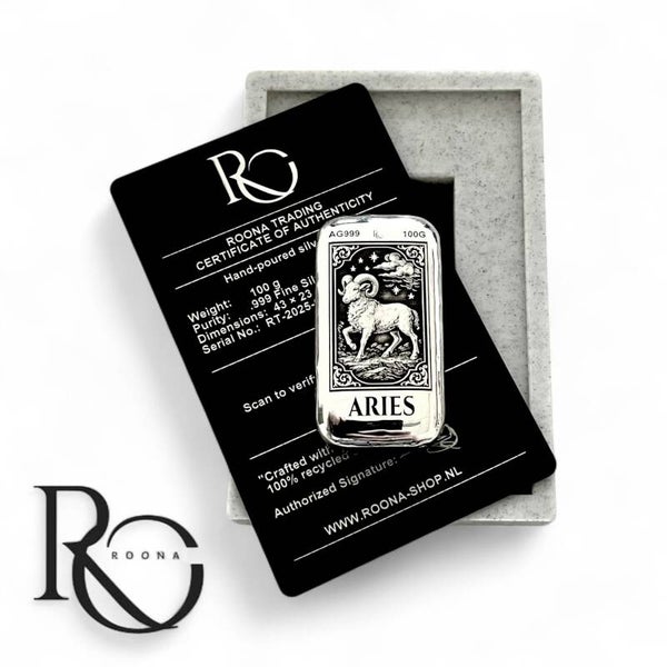 ARIES – 100 gram handgegoten zilverbaar (Mythische Sterrenbeelden Serie)