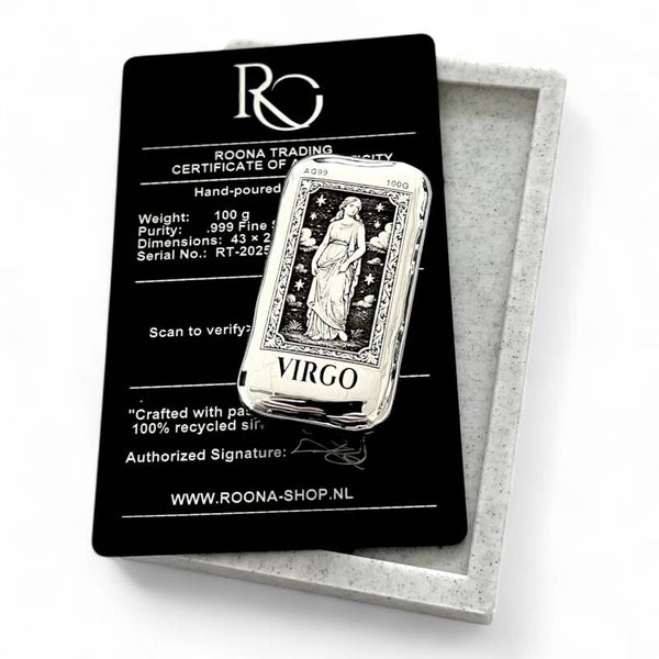 ♍ VIRGO – 100 gram handgegoten zilverbaar (Mythische Sterrenbeelden Serie)