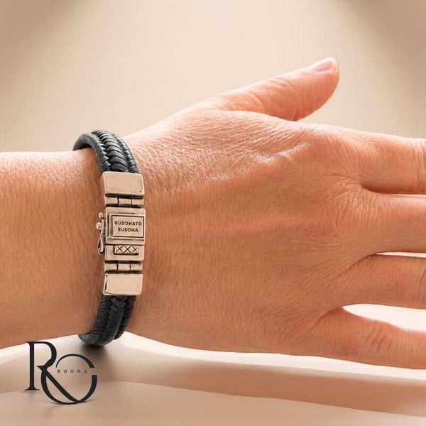 Buddha to Buddha Preloved Armband Zwart Gevlochten Leer 925 Zilver