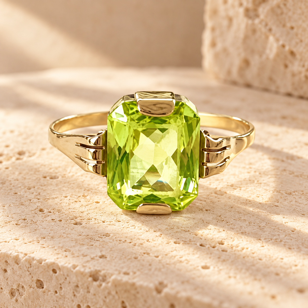 Gouden vintage ring met gefacetteerd geslepen uranium Glas.