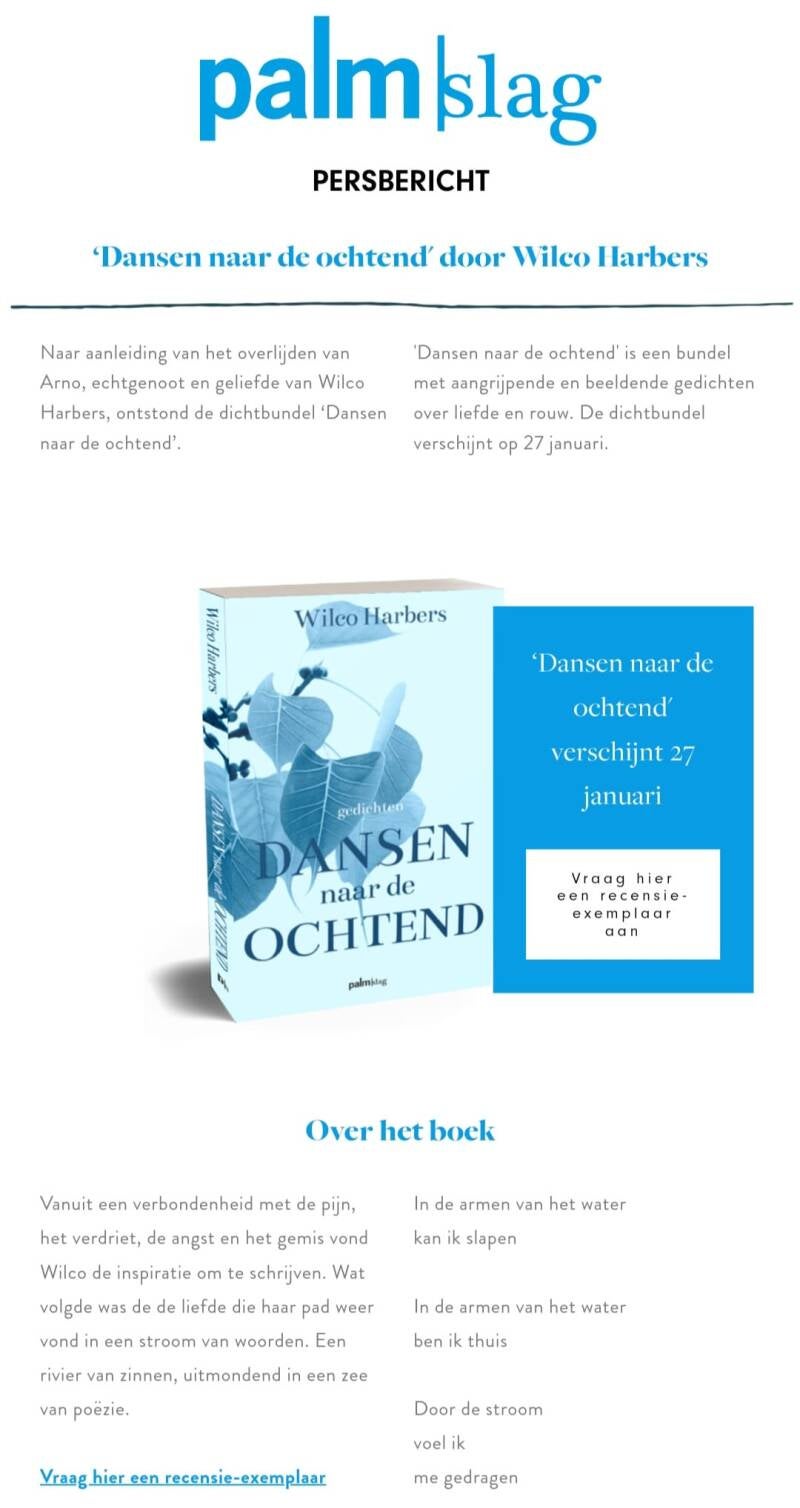Wilco Harbers Uitgeverij Palmslag Dansen naar de ochtend dichtbundel gedichten gedichtenbundel liefde rouw