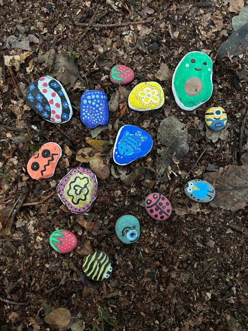 Eine Sammlung bunter, liebevoll bemalter Kieselsteine mit Motiven wie Früchten, Blumen und kleinen Tieren liegt verstreut auf einem dunklen, unebenen Waldboden.