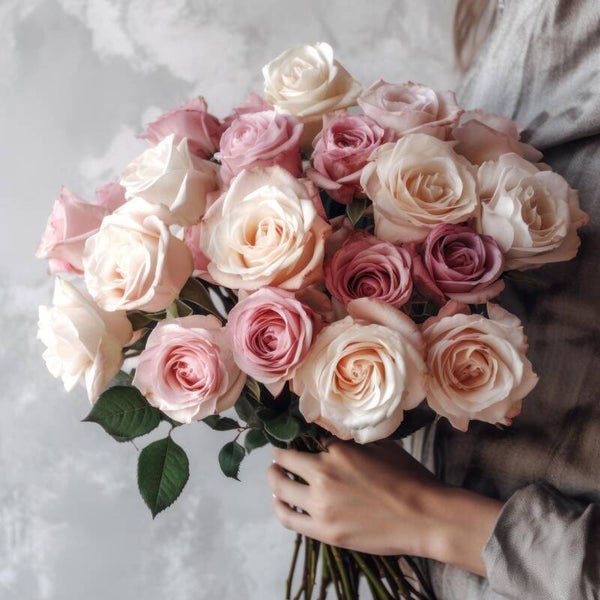 Bouquet de roses roses et parme