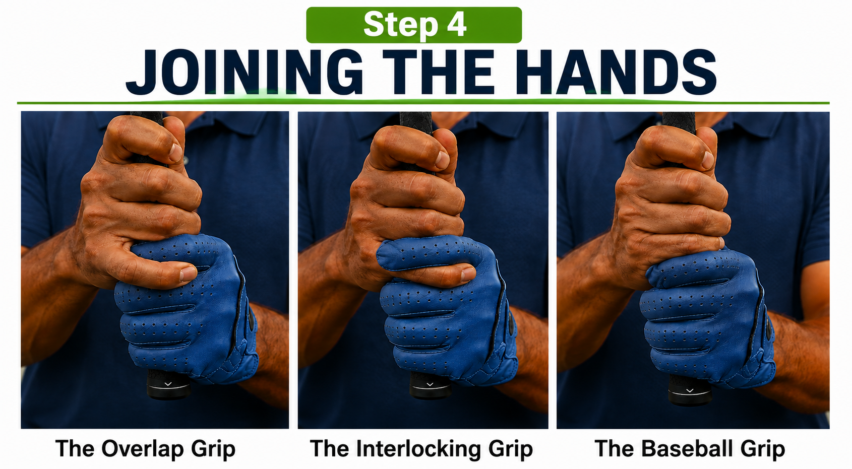 3 common golf grips, the overlap grip, the interlocking grip and the baseball grip
