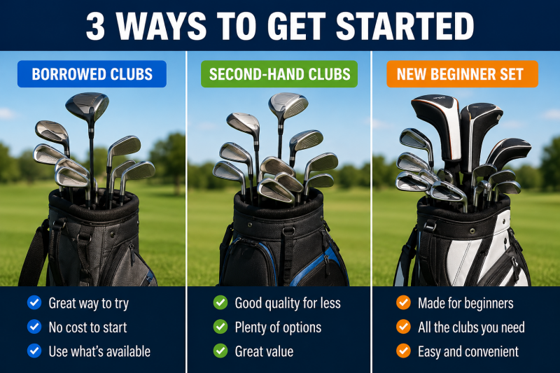 3 ways to get started in golf. Using Borrowed Clubs, Second Hand Golf Clubs, New Beginner Set