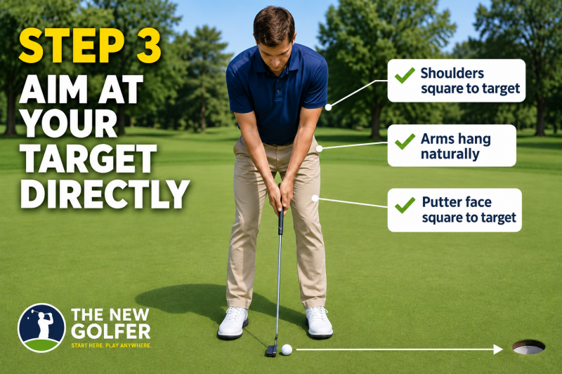 Step 3. Golf putter aimed along the target line toward the hole