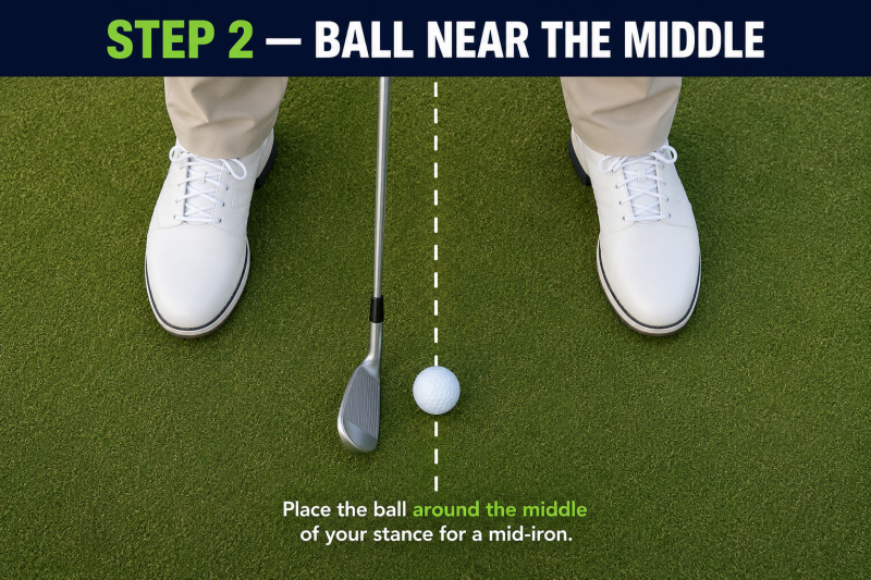 place the golf ball in the middle of your stance