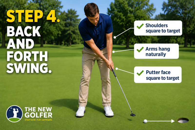 Beginner putting stroke showing start, backswing and follow-through