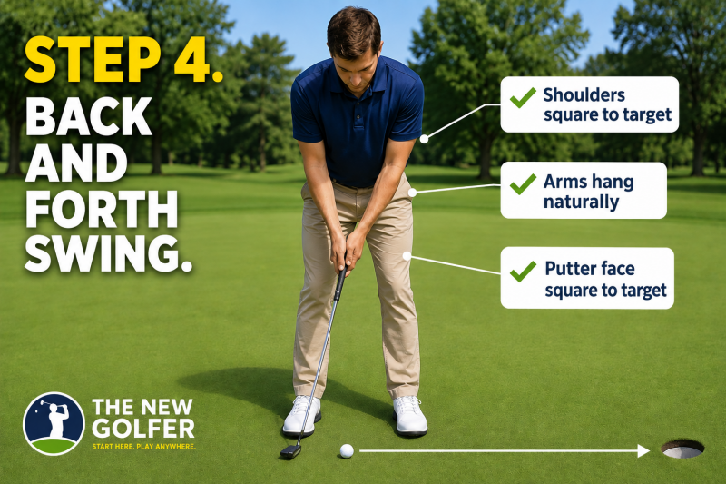 step 4. Beginner putting stroke showing start, backswing and follow-through
