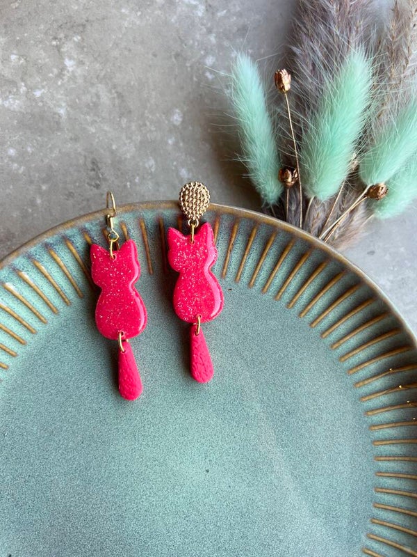Katten oorbellen neon pink S