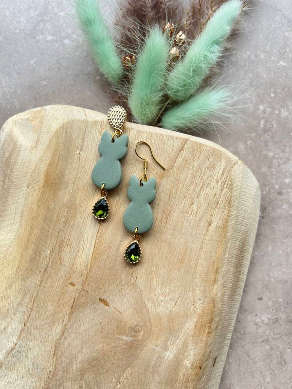 Katten oorbellen crystal tail green