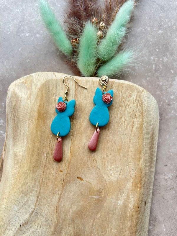 Katten oorbellen Rosé romance turquoise S