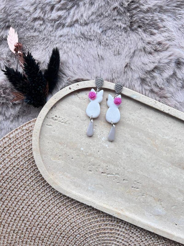 Katten oorbellen pink pearl