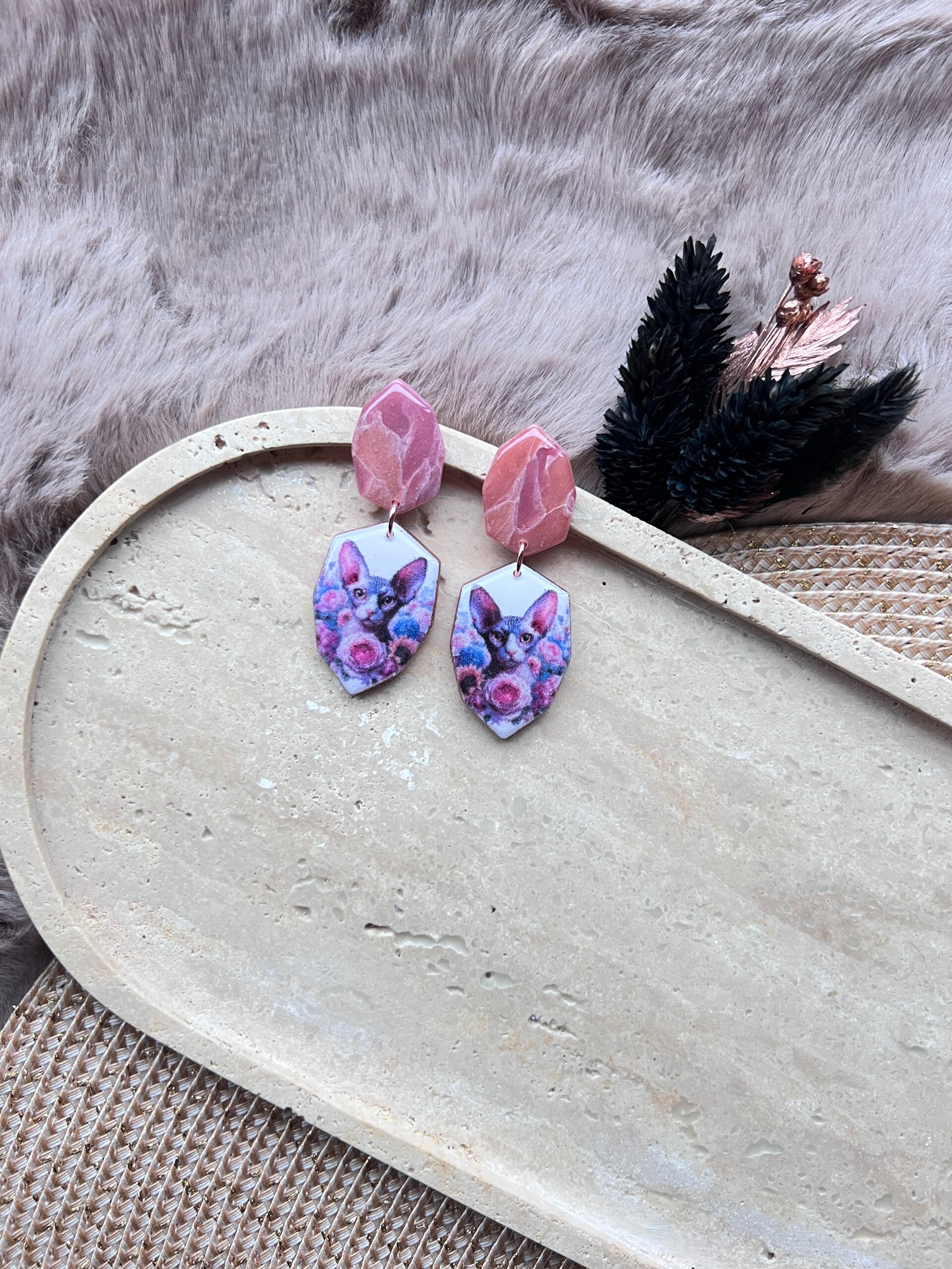 Sphynx katten oorbellen pink ||