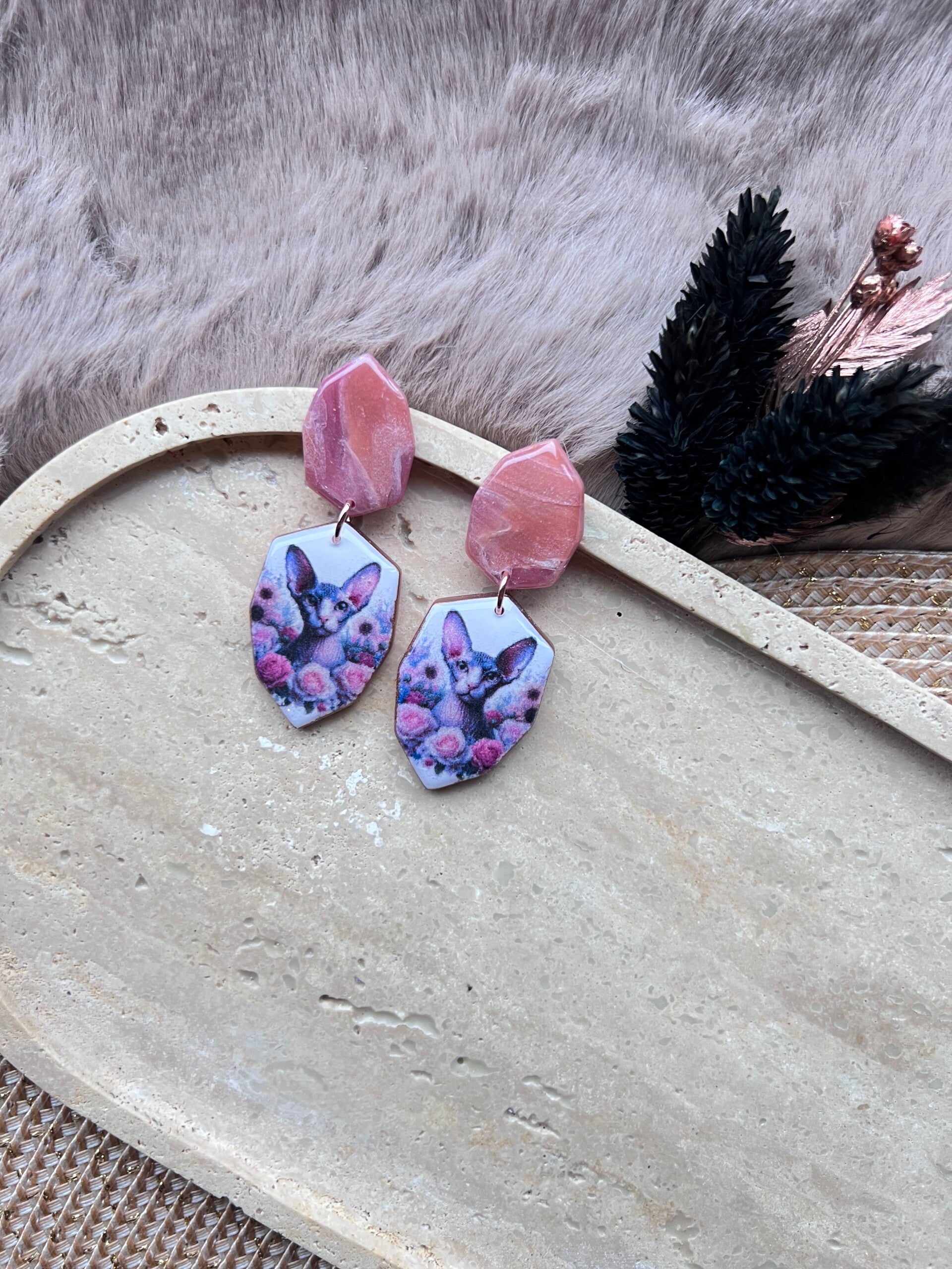 Sphynx katten oorbellen pink |||