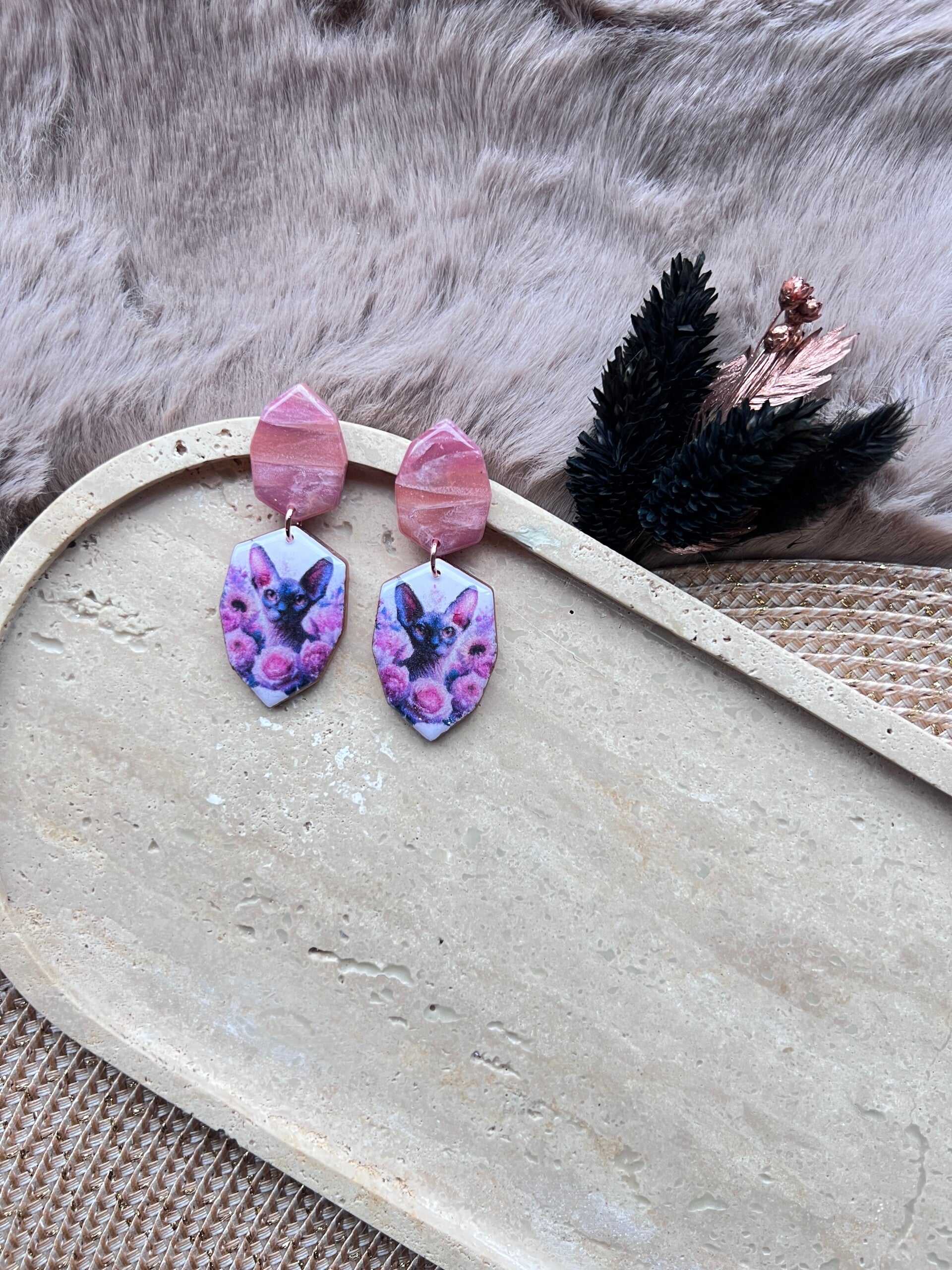 Sphynx katten oorbellen pink ||||