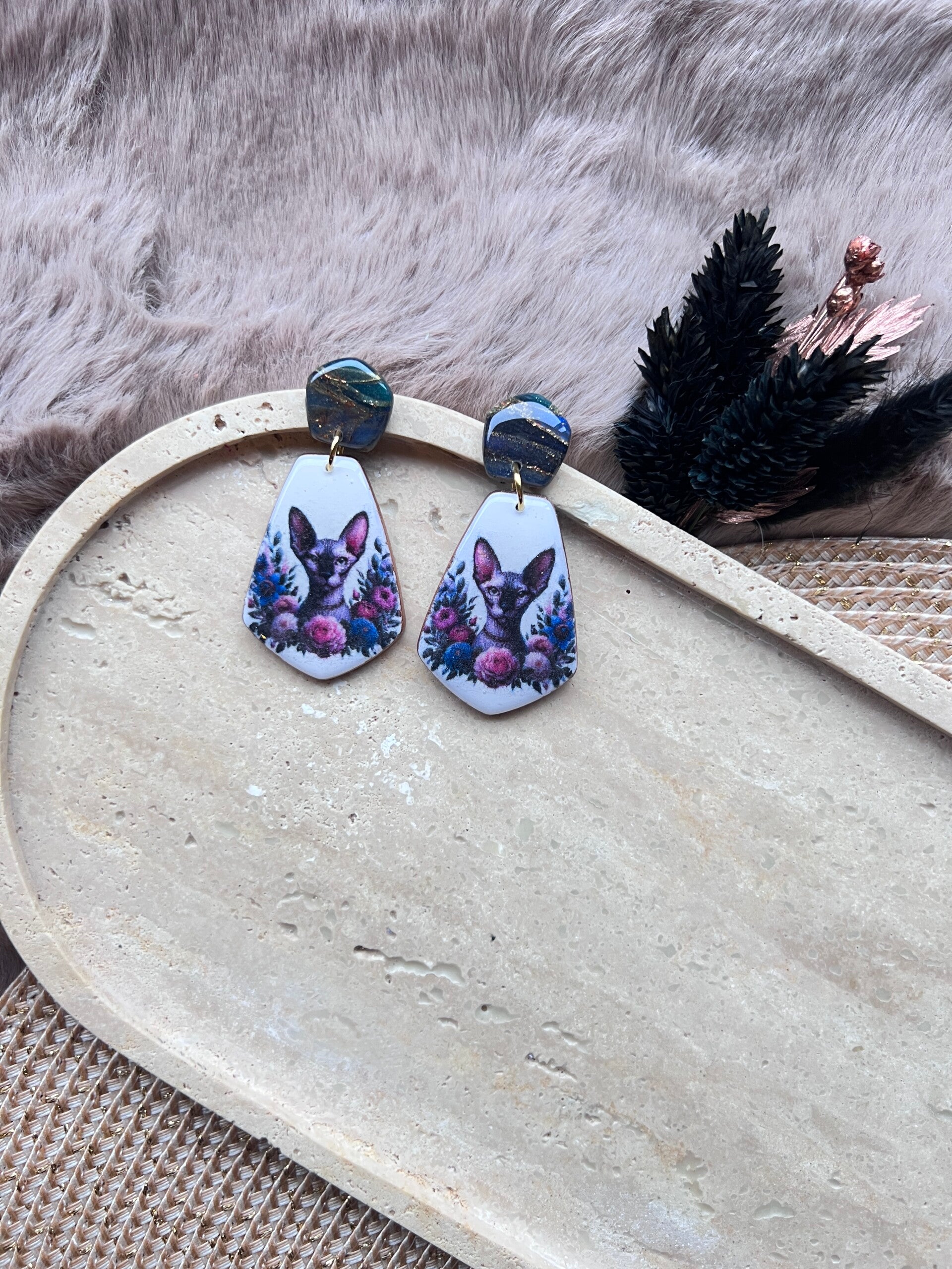 Sphynx katten oorbellen peacock |