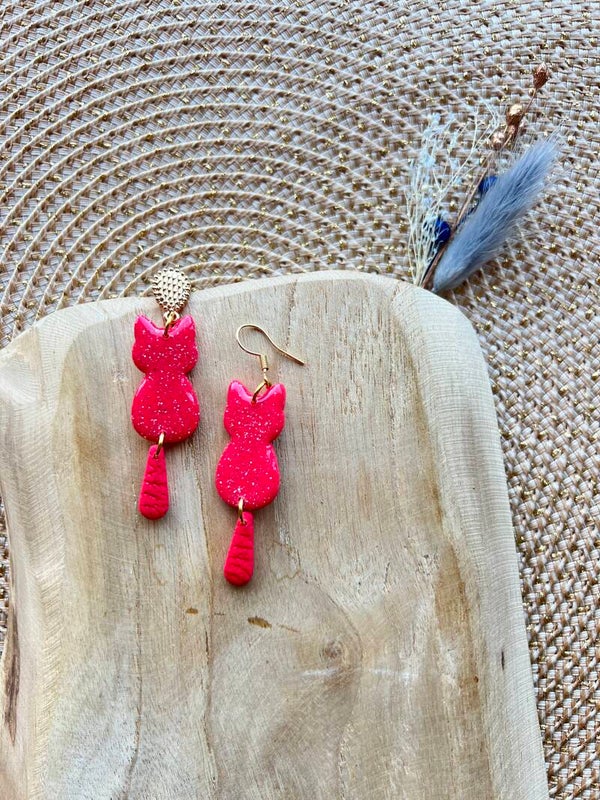 Katten oorbellen neon pink S