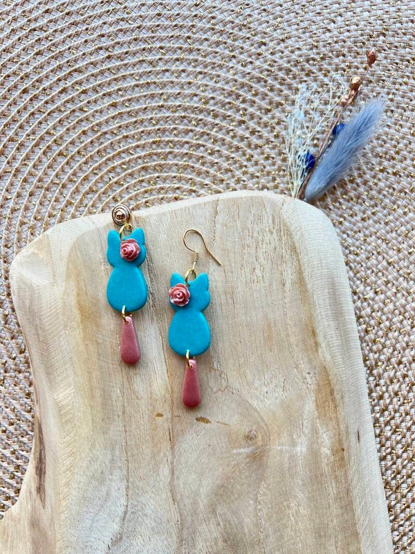 Katten oorbellen Rosé romance turquoise S