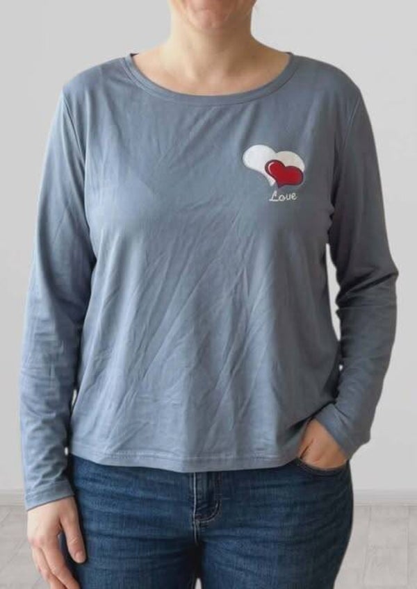 ❤️Top Manches Longues Gris Bleu – Détail "Love"