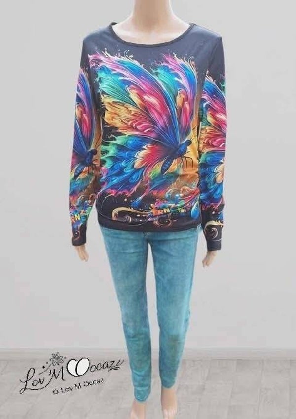 🦋 Haut femme manches longues motif papillon multicolore – Taille XL