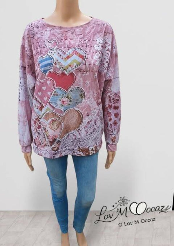 💗 Sweat léger / Top femme manches longues imprimé cœurs – Taille XL