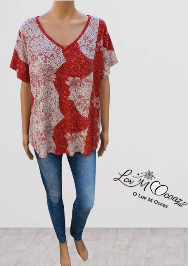 ❤️ Top femme rouge à fleurs – Coupe fluide – Taille 48