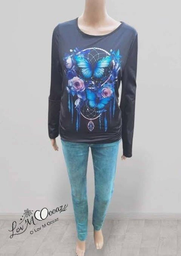 🦋 Top femme manches longues noir motif attrape-rêve et papillons bleus – Taille XL