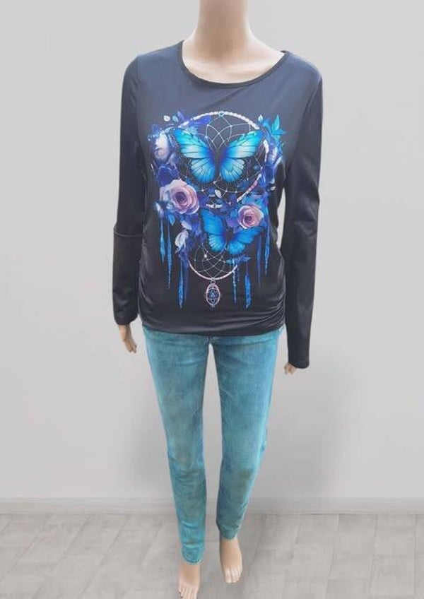 ❤️Haut Manches Longues Noir - Motif Attrape-Rêve & Papillons Bleus