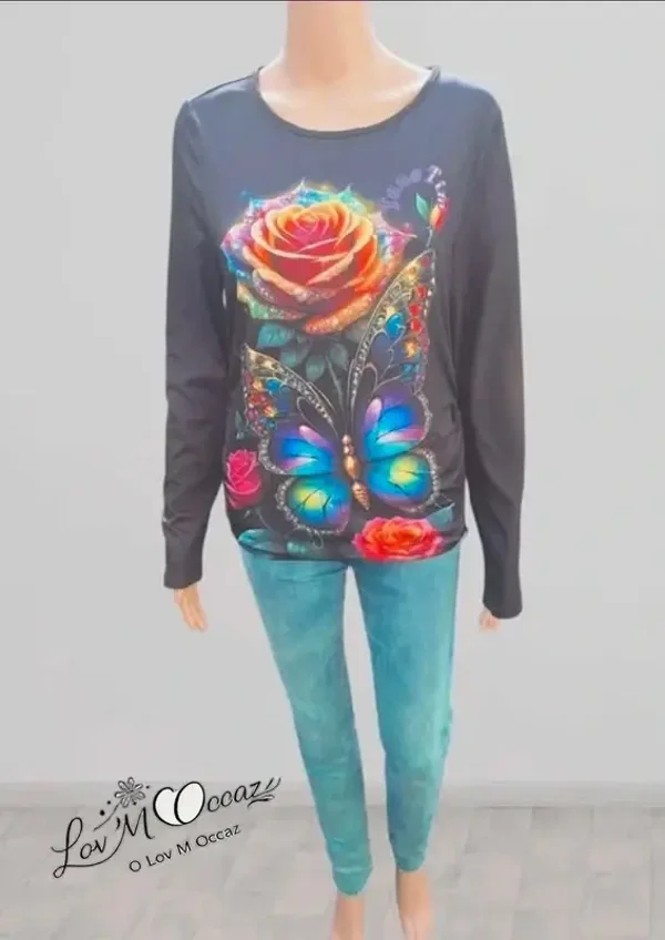 🦋 Top femme manches longues noir motif papillon et roses – Taille XL