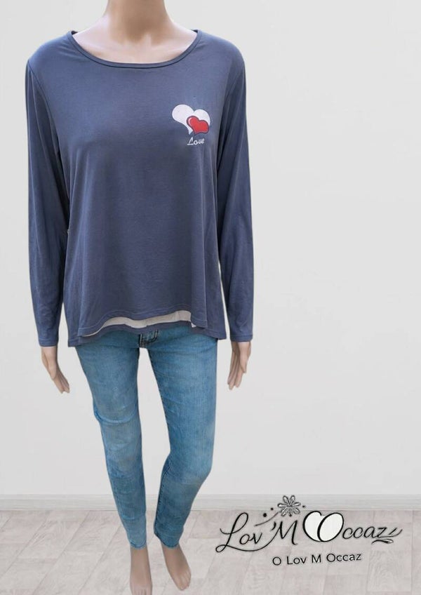 💙 Top manches longues gris bleuté – Détail « Love » – Taille XL