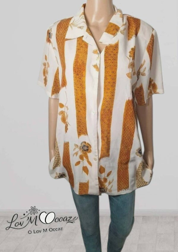🤎 Blouse femme Afibel blanche et marron imprimée – Taille 48