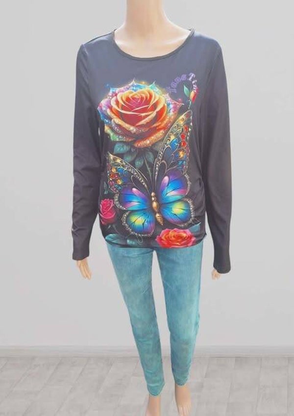 ❤️Top Manches Longues Noir Motif Papillon & Rose - Taille XL