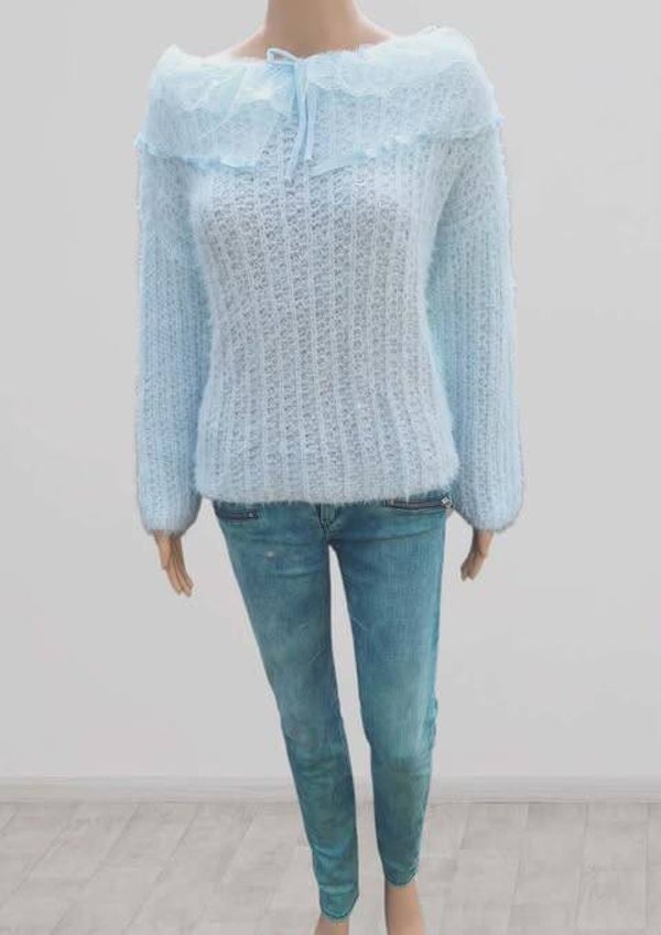 ❤️Pull Fait Main au Crochet Bleu Ciel & Col Dentelle - Pièce Unique