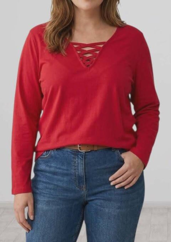 ❤️Top Manches Longues Rouge Passion – Détail Laçage
