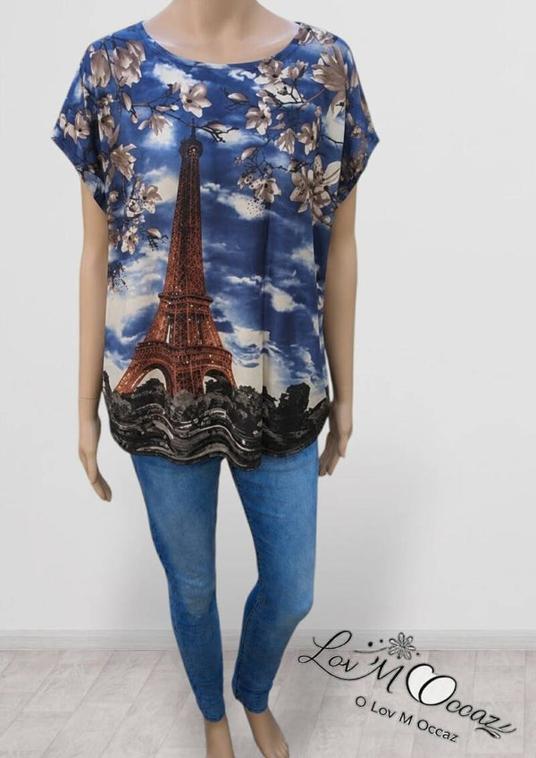 👚 Top manches courtes imprimé Tour Eiffel & fleurs – Meggie – Taille XL/XXL (estimée)