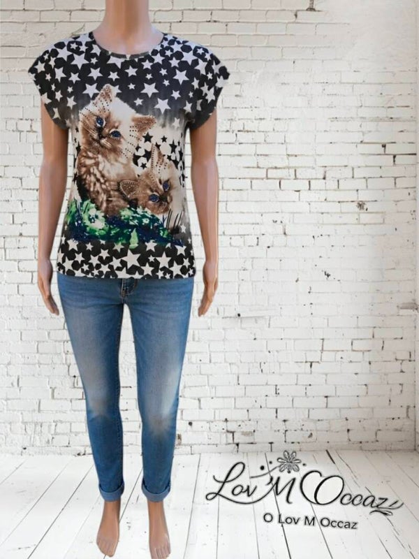 🐱 T-shirt fantaisie chats et étoiles – R&F – Taille 44/46