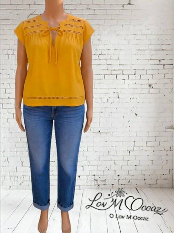 💛 Blouse bohème jaune moutarde à détails ajourés – Modavista taille 44/46