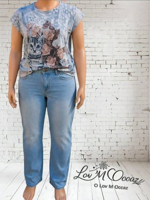 🐱 T-shirt fluide chat & roses argentées – Meggie – Taille 44/46